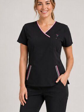 Women's Medium Black Scrub Top Black Pink Trim Medical Uniform